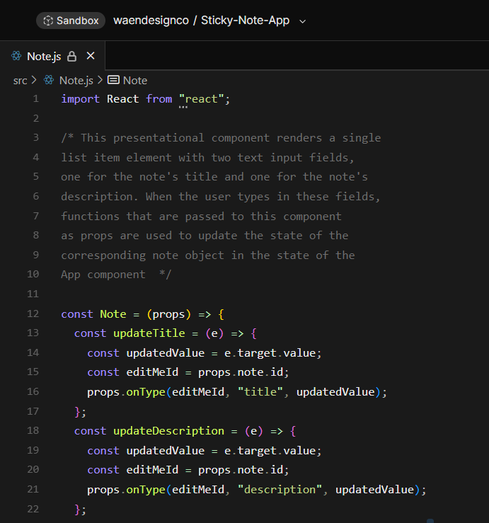 Sticky note app Note,js in Code Sandbox