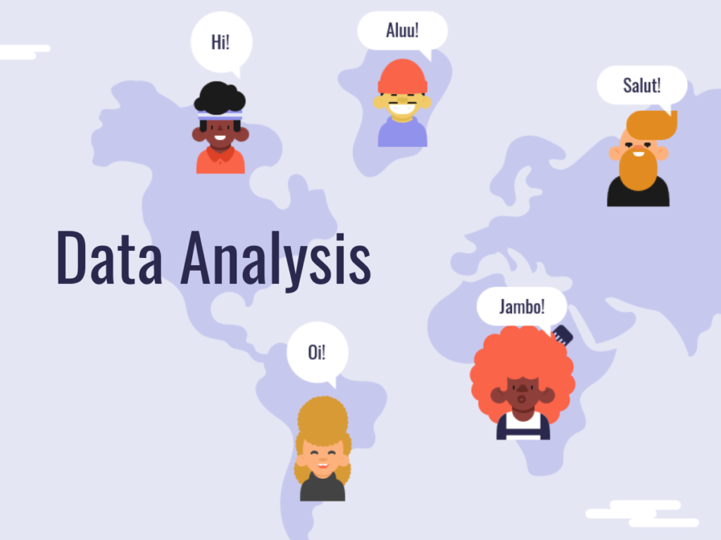 Data analysis and five animated character greeting with their languages